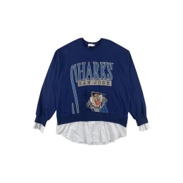 Design short fake two-piece women's sweatshirt Customized fashion printed round neck sweatshirt Blue + white color matching Cuffs slit design Creative sweatshirt Fashion design sweatshirt supplier Z675 Design short fake two-piece women's sweatshirt Customized fashion printed round neck sweatshirt Blue + white color matching Cuffs slit design Creative sweatshirt Fashion design sweatshirt supplier Z675